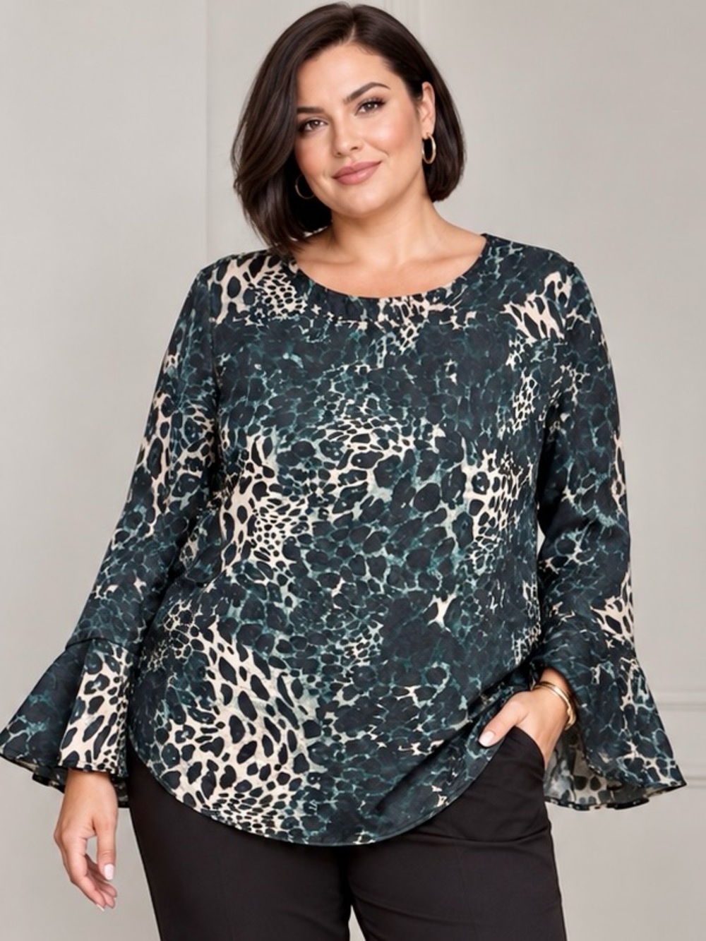 Dark Emerald Leopard Cheetah Print Satin Feel Bell Sleeve Blouse 1X